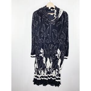 Virginie Paris Vintage Black White Printed Pleated Dress Women's Size 14-16
